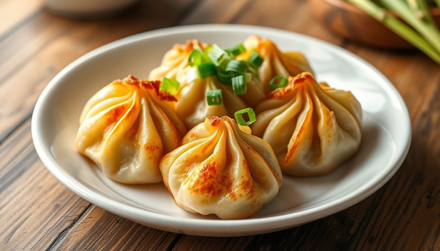 Homemade pork dumplings on a plate with green onions.