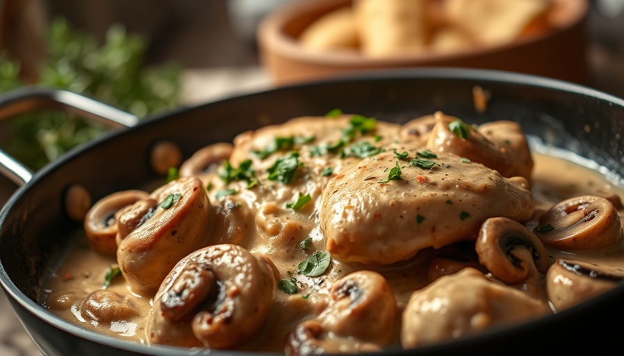 Delicious creamy mushroom chicken dish in skillet.