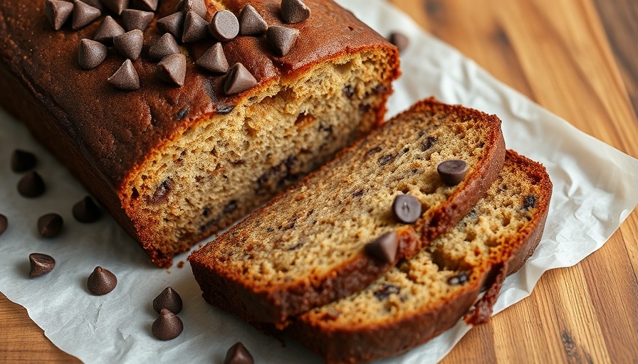 Sliced vegan banana bread with chocolate chips.