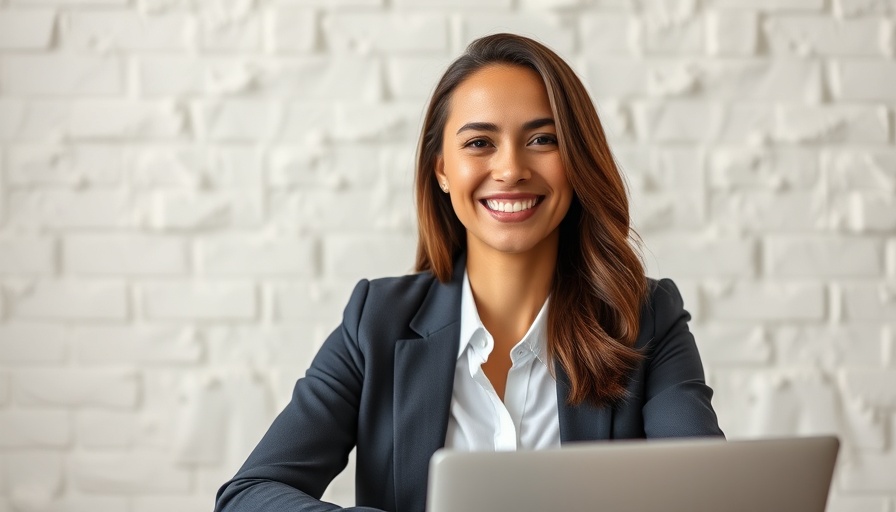 Confident professional woman in business attire at desk, AI clinical documentation.