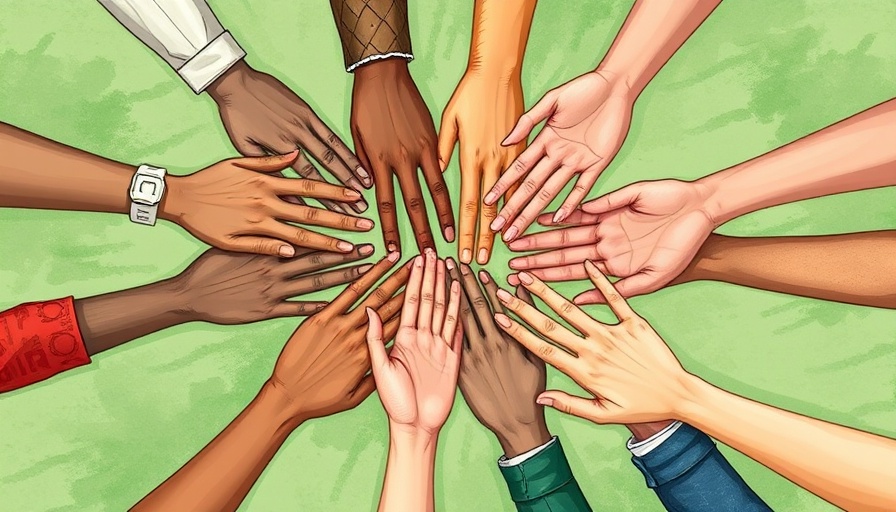 Illustration of diverse hands joined in unity on a green background.