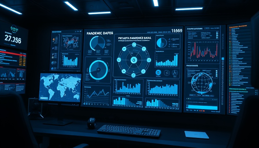 Futuristic AI dashboard in digital control room for pandemic preparedness.