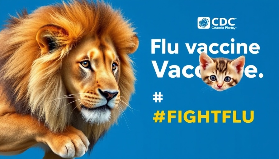 CDC flu vaccine campaign image with lion and kitten on blue.