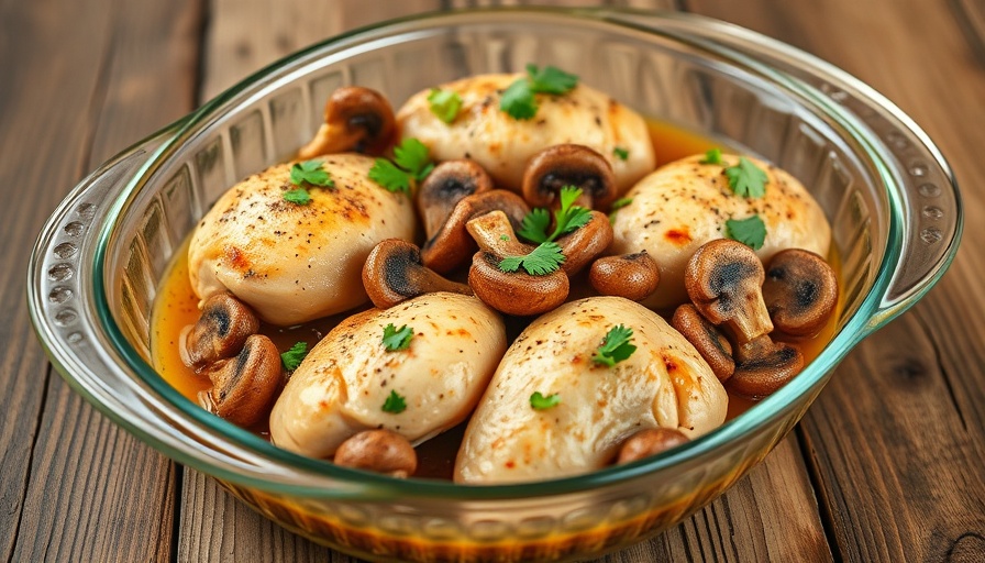 Delicious chicken thighs with mushrooms in a glass dish.