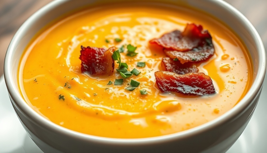 Creamy cheeseburger soup with bacon garnish.