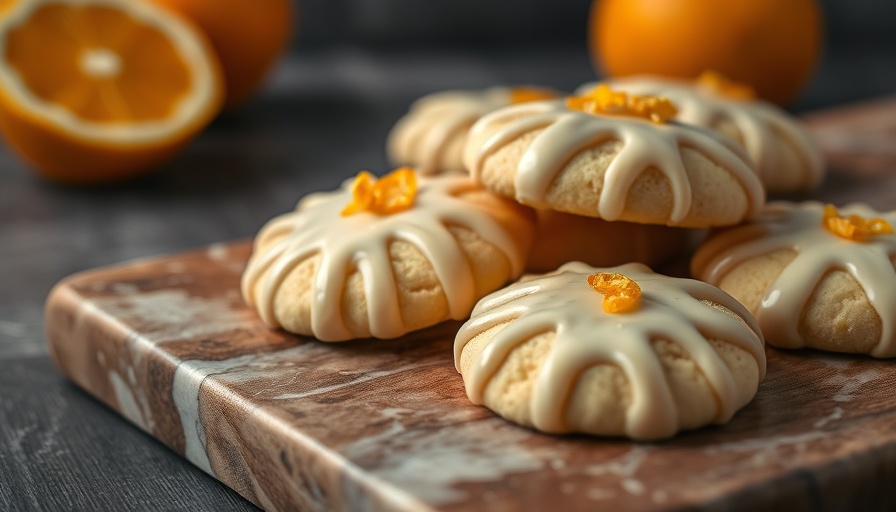 Italian iced orange cookies with glaze and zest on marble board.
