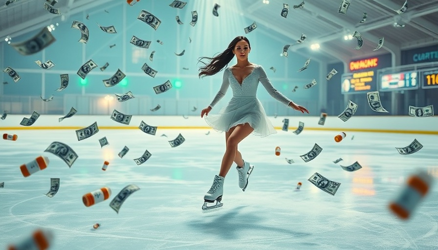 Ice skater with hundred-dollar bills representing opioid settlement funds, dynamic scene on ice.