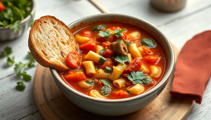 Vibrant vegetarian minestrone soup bowl with toasted bread