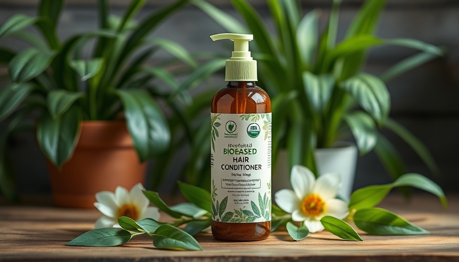 Biobased hair conditioner in eco-friendly packaging with plants.