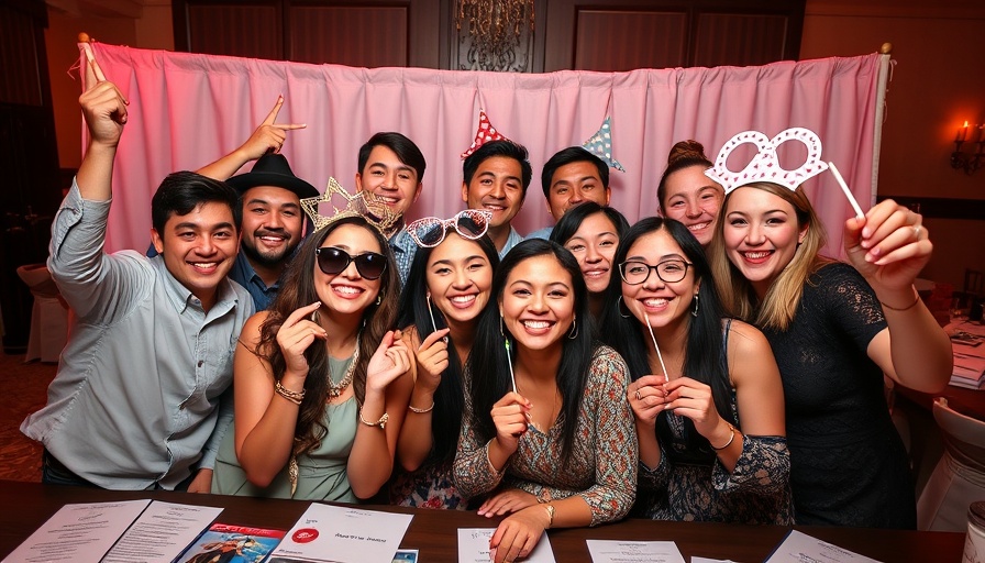 Friday Faves 2025 event photo booth with smiling group and props.