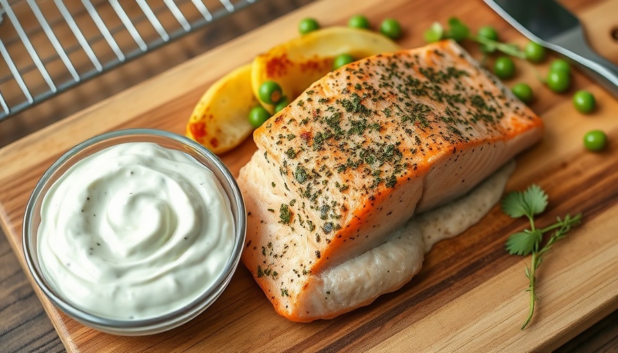 Greek Salmon with Tzatziki Sauce on a plate with soft lighting.