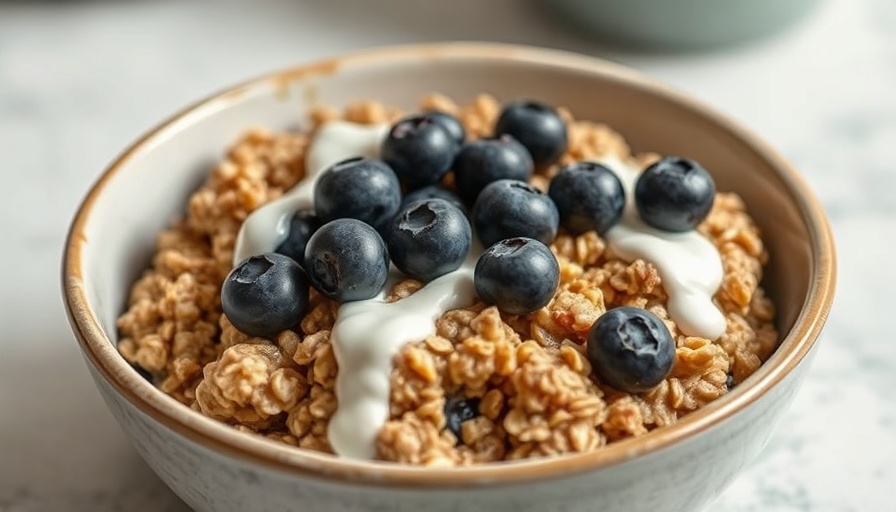Nourishing baked oatmeal recipes with blueberries in a ceramic bowl.