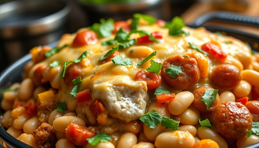 One Pan White Wine Chicken Sausage White Bean Bake with melted cheese.