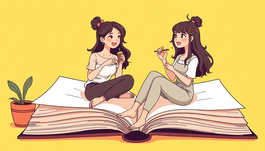 Whimsical illustration of women sitting on book, books for improving friendships theme.