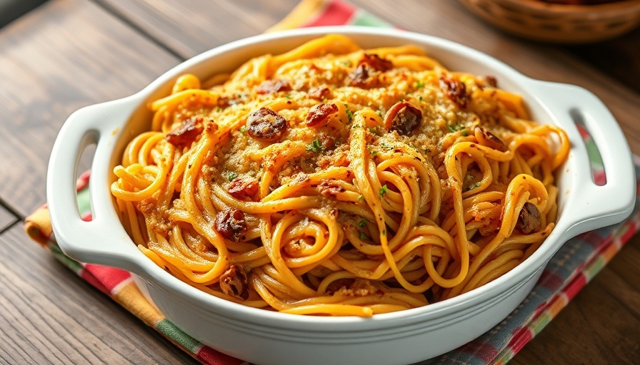 Low-carb spaghetti casserole in a white dish on a rustic table.