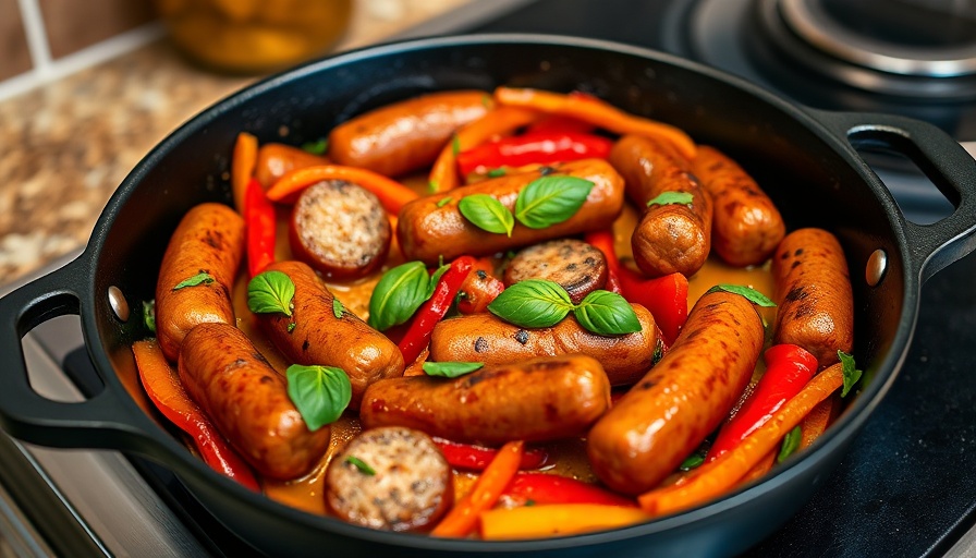 Colorful skillet of sausage and peppers with basil for Quick Healthy Sausage and Peppers Recipe.