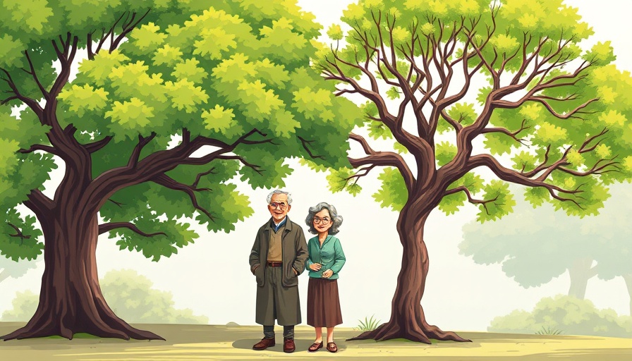 Stylized cartoon of longevity gap between men and women with trees