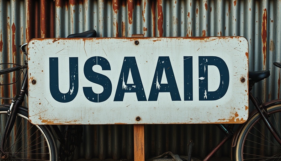 Weathered USAID sign and rusty bikes symbolize funding freeze.