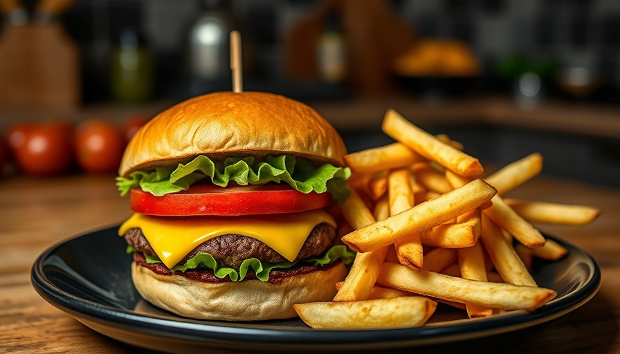 Mouthwatering hamburger cooked in the oven on a plate with fries.