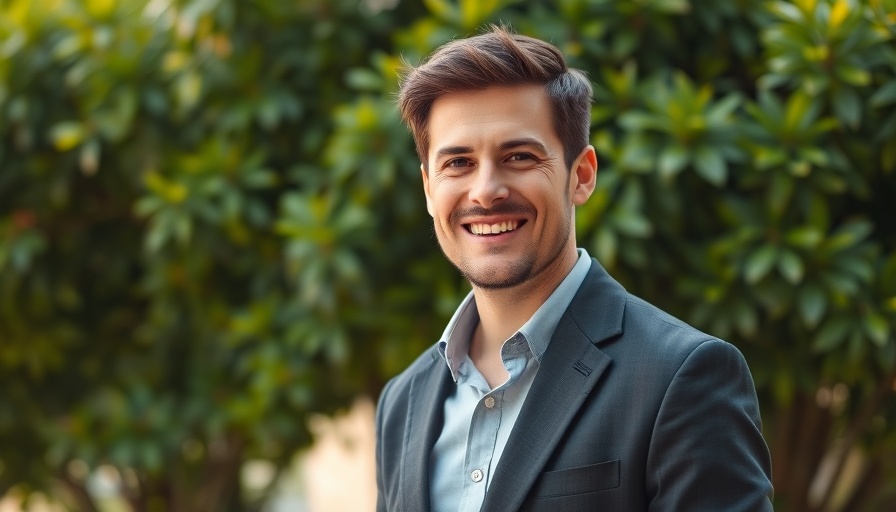 Man in a blazer smiling outdoors with green foliage background.