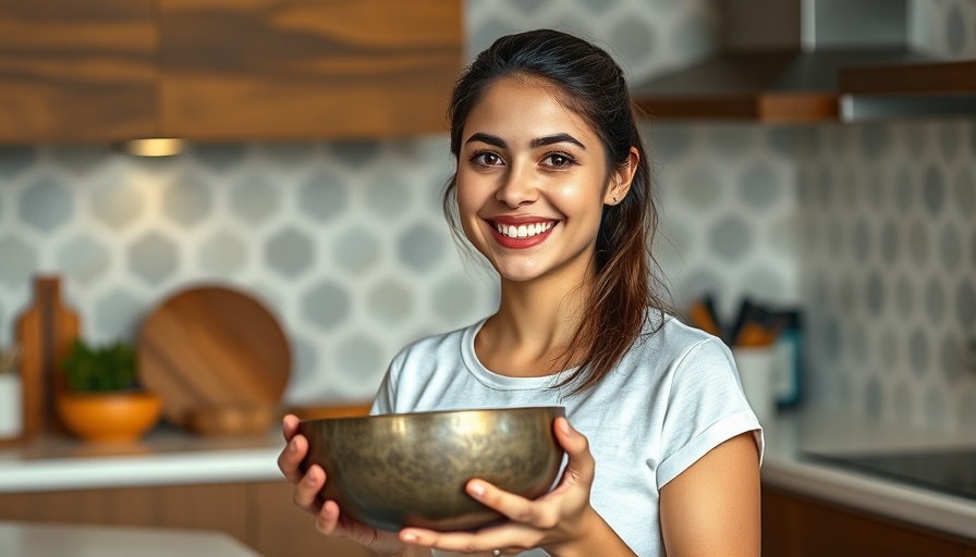 Smiling woman with Buddha bowl in modern kitchen.