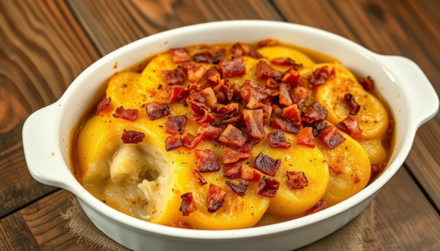 Golden-brown turnip gratin with bacon in white dish on table.