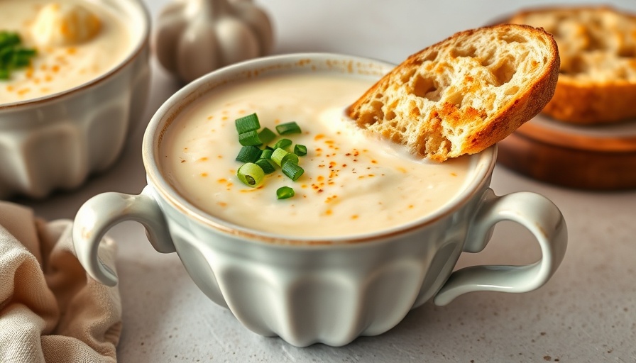 Roasted garlic cheddar cauliflower soup with crusty bread dip.