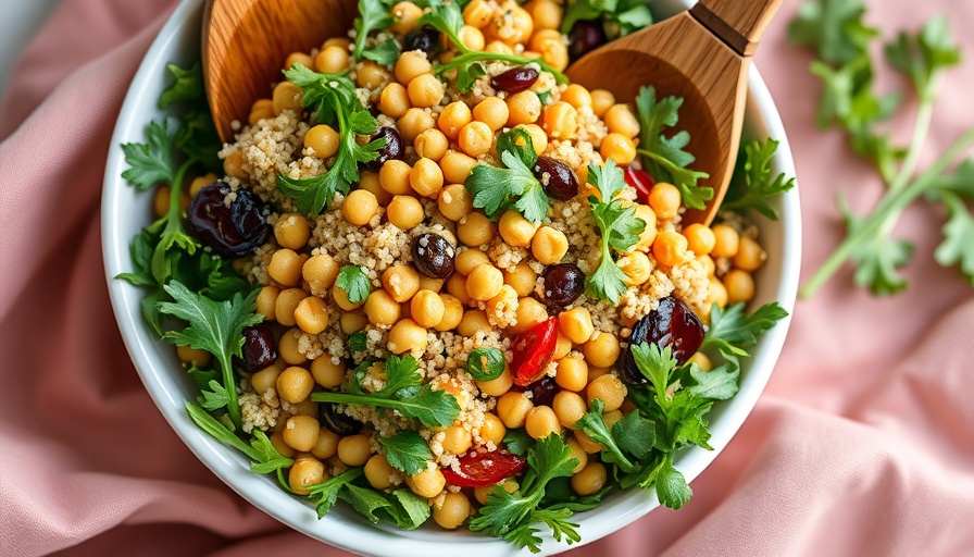 Chickpea Arugula Quinoa Salad with avocado and feta in a white bowl.