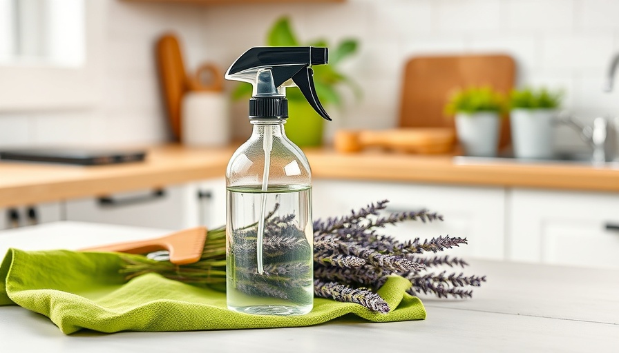 Clear spray bottle and lavender in bright kitchen for natural DIY hairspray recipe.