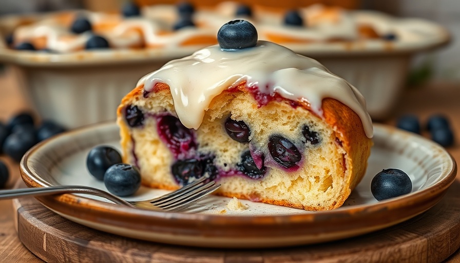 Lemon blueberry sweet roll with creamy glaze on ceramic plate.