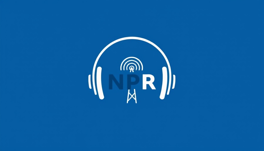 NPR logo with headphones and radio tower on a blue background.