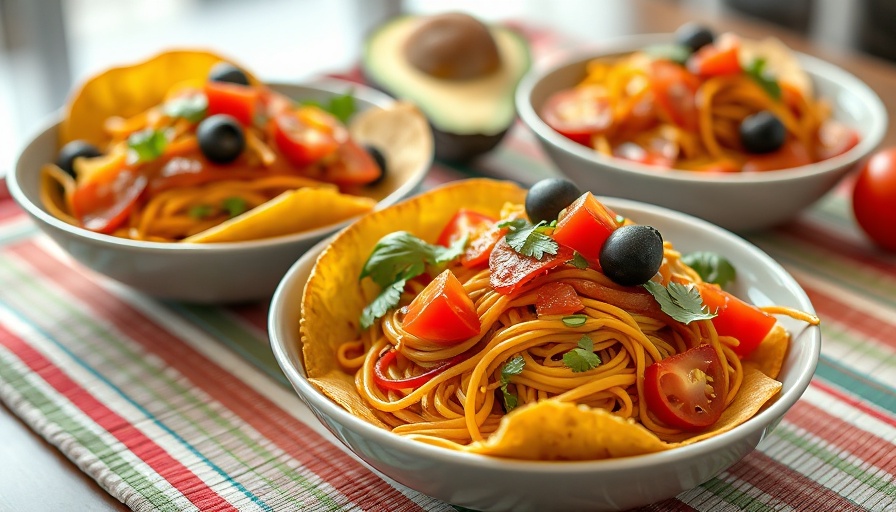 Colorful spaghetti squash taco bowls with avocado and tomatoes.