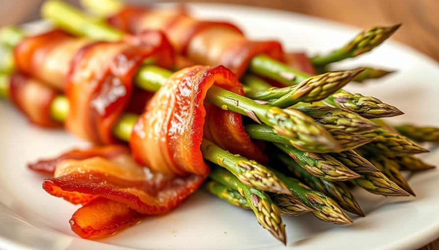 Delicious bacon wrapped asparagus on a white plate