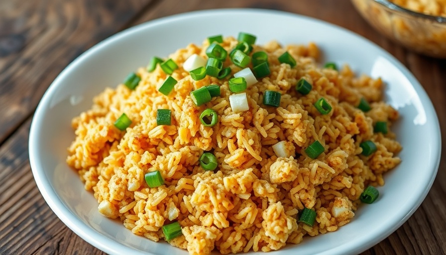 Spicy Cauliflower Dirty Rice garnished with green onions on a white plate.