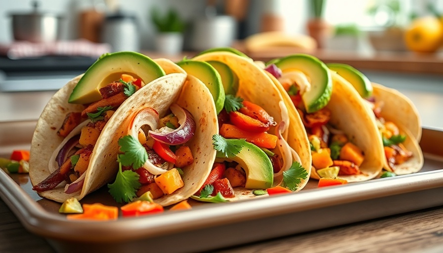 Vibrant sheet pan roasted veggie tacos with avocado and lime.