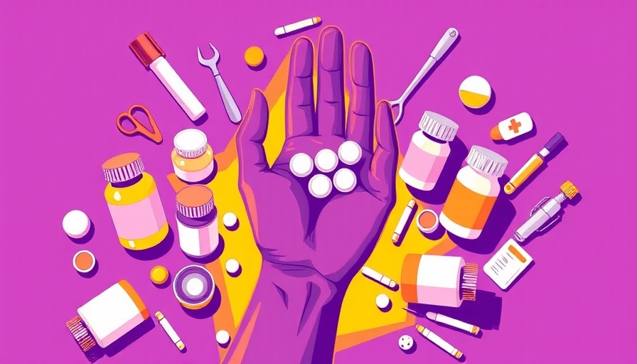 Abstract art of hormone therapy medication with a purple hand and pills.