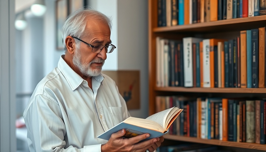 Elderly man reading next to bookshelf, symbolizing aging independently.