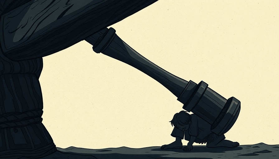 Conceptual art depicting authority with a large gavel and a person.