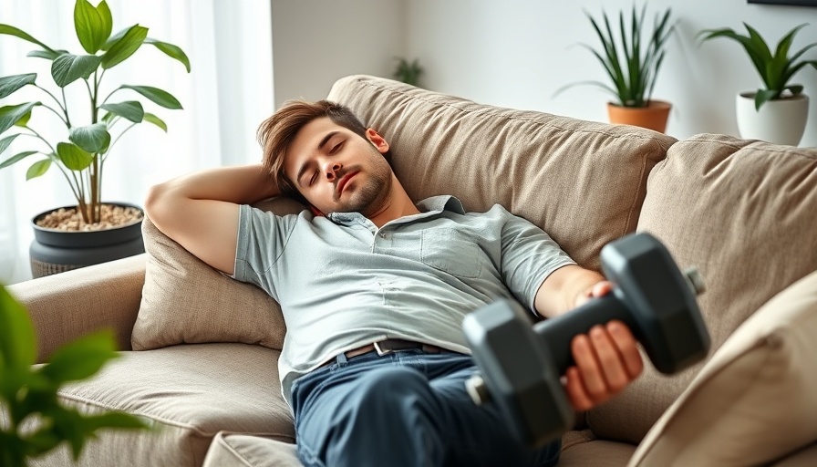 Man napping on couch, holding dumbbell, calories burned while sleeping.