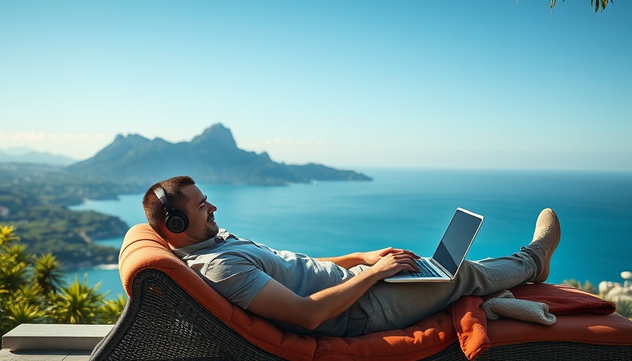Man using laptop with ocean view, epitomizing a dream life.