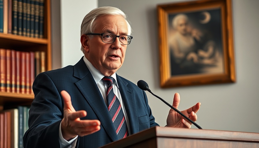 Older man gesturing while speaking at podium with books in background.