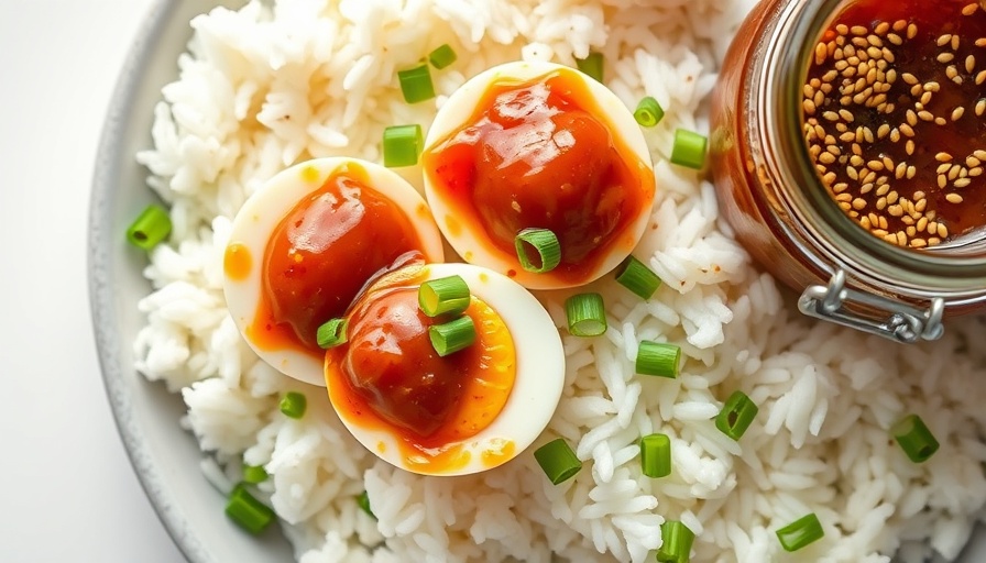 Marinated jammy eggs on rice next to marinade jar, top view.