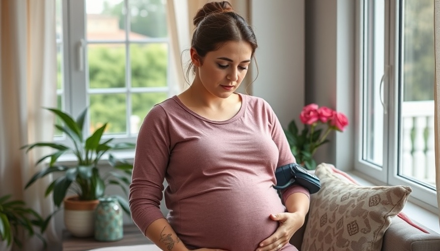 Pregnant woman checking blood pressure in a calm room.