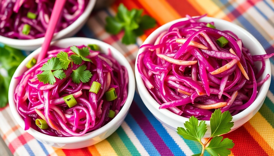 Vibrant Asian red cabbage salad in a bowl on colorful tablecloth.