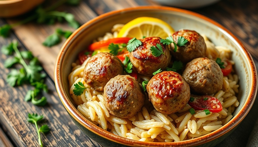 Greek Turkey Meatballs with Lemon Orzo garnished with herbs and vegetables.