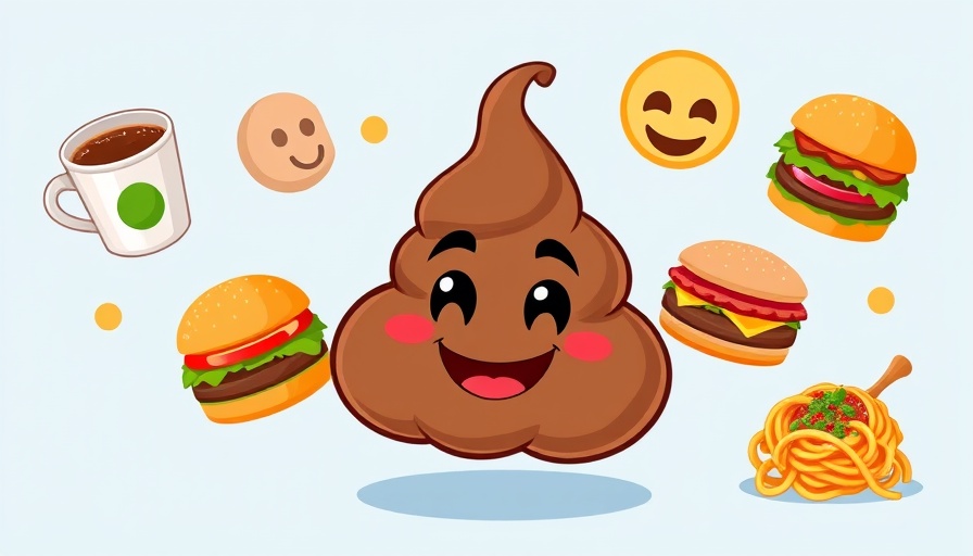Cartoon poop surrounded by food icons explaining how to read your poop.
