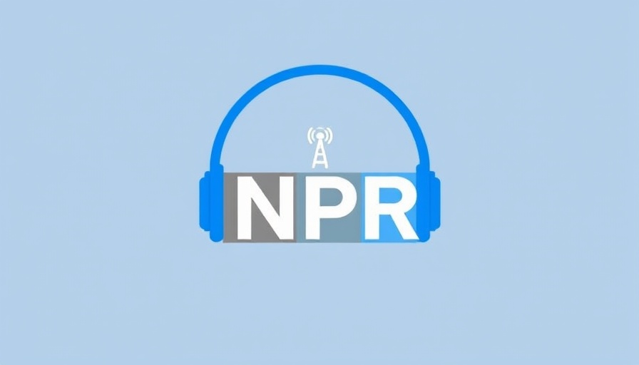 Blue NPR logo with radio tower and headphones against dark background.