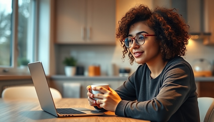 Woman video chatting in a cozy kitchen for mental wellbeing support
