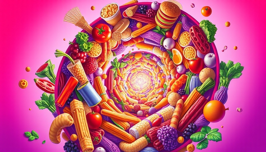 Vibrant spiral of ultraprocessed foods in surreal pink-purple digital art.