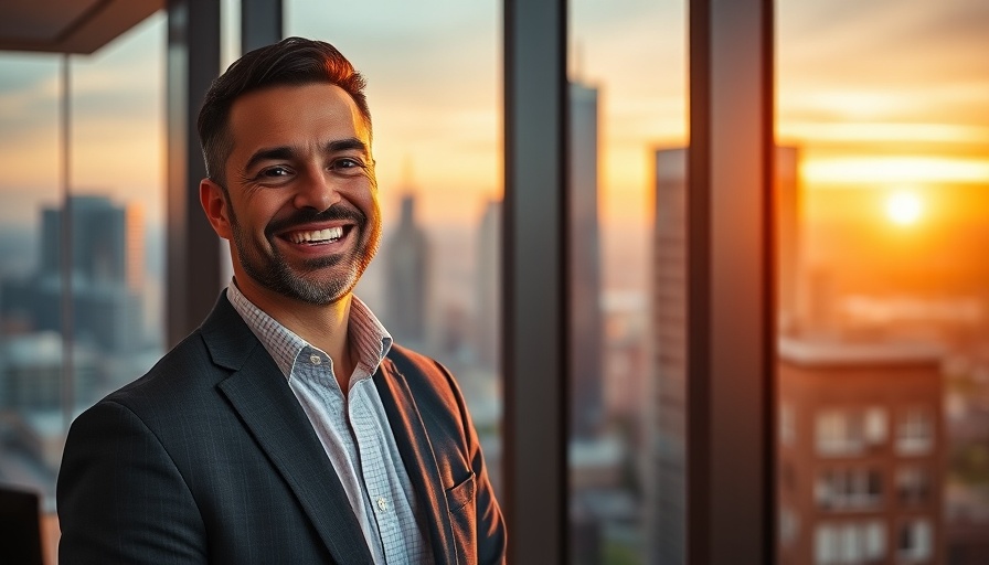 Confident professional in office with cityscape view and sunset lighting.